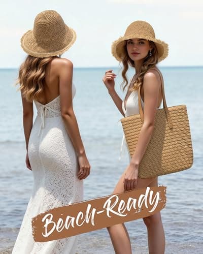 Beach Bags for Women & Sun Hat Set, Handmade Crochet Tote Bag for Summer Vacation, Beach Hat UPF50+ Protection, Perfect for Summer Travel & Beach Days Green - Thumbnail 2