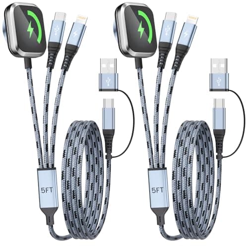 Jogrytece Multi Charging Cable, 5FT 2Packs 3 in 2 Chargers for Multiple Devices, Travel Essentials USB A&C/Type-C/IP Cord Compatible with iWatch/iPhone 17-11/Car - Image 1