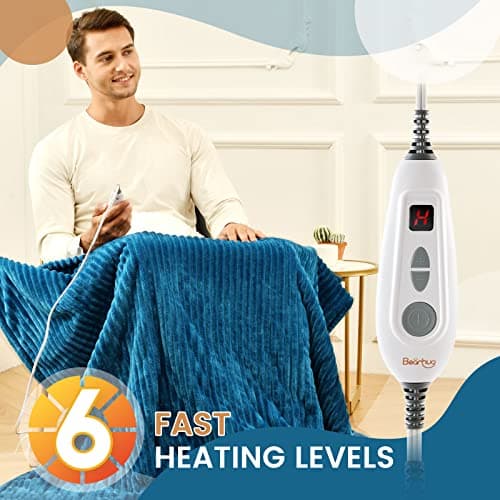 Bearhug Electric Blanket Heated Throw, 50"x60" Ribbed Flannel & Sherpa Fast Heating Blanket, 6 Heating Levels & 4H Auto Off, Over-Heat Protect, ETL, Machine Washable - Thumbnail 4