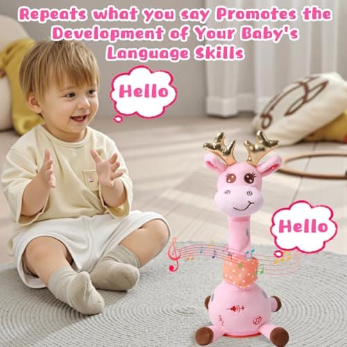 MIAODAM Dancing Talking Giraffe Stuffed Animal, Singing 10 Children's Song, Baby Toy Repeats What You Say, Christmas Colorful Glowing Giraffe Plush Interactive Toys for Toddlers 1-3 Year(Pink) - Thumbnail 4