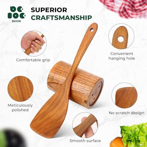 Bkiok Teak Wood Utensil Set, Wooden Utensils set for Kitchen Handmade Cooking Utensil Set with Spoon Rest and Utensils Holder (9Pcs) - Thumbnail 2