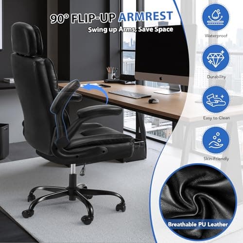 Avocahom Comfy Office Chair with Adjustable Headrest,Executive Leather Desk Chair with Lumbar Support,Rocking Function,Ergonomic Gaming Computer Chair Having Flip Up Arms, Black - Thumbnail 6