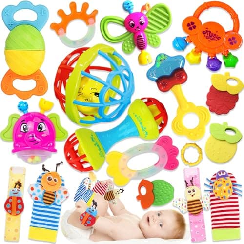 Baby Rattles 0-6 Months: Baby Toys 6-12 Months Infant Toys 0-3 Months Newborn Toys Teething Toys 3-6 Months - Baby Teether Wrist Socks Gifts for Boy Girl Easter Basket Stuffers