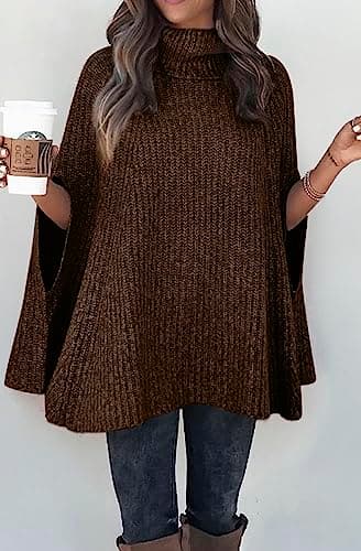 KIRUNDO Women's 2026 Fall Winter Turtleneck Poncho Sweater Fashion Chunky Knit Cape Wrap Sweaters Pullover Jumper Tops(Dark Coffee, X-Large) - Thumbnail 6