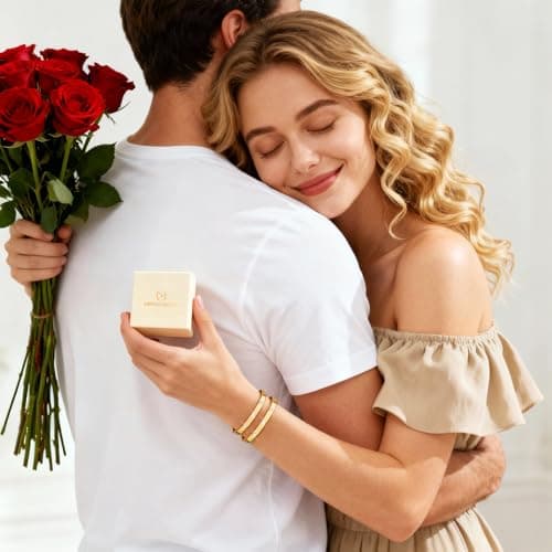 Gold Matching Bracelets for Couples - 2Pcs 18K Gold Plated Stainless Steel Bangles Couple's Match Bracelet Boyfriend Trendy Jewelry, Couple Bracelet Birthday Anniversary Valentines Day Gift for Her - Thumbnail 3