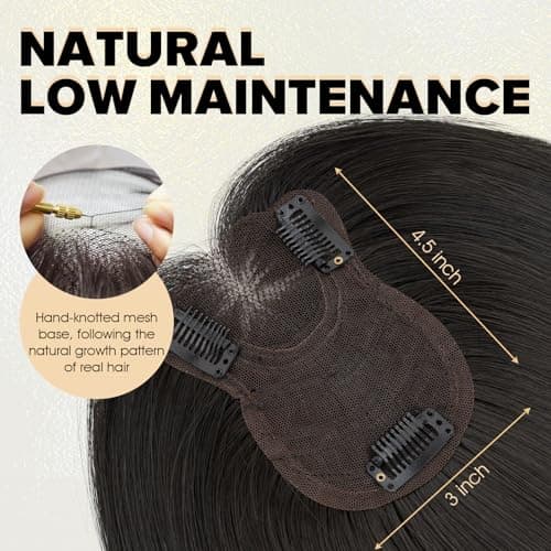 TESS Hair Toppers for Women Hair Pieces for Women with Thinning Hair Clip in Handmade Lace Base 3 Clips, 3.2 × 4.5 Inch, 10 Inch, Natural Black - Thumbnail 2