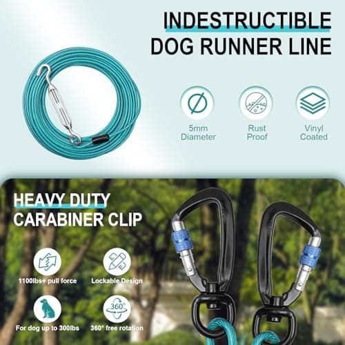 Libbipaw Dog Runner for Yard - 200ft Aerial Dog Run Cable System with Shock Absorbing Bungee Tether, Chew Proof Steel Cable & Tangle Free Pulley for Large Dogs, Backyard Zip Line for Dogs - Thumbnail 5