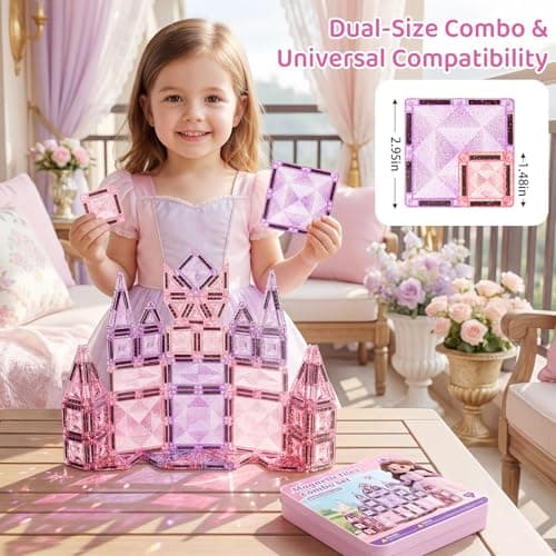 STEM MATCH Magnetic Tiles Girls Travel Toy: 42 PCS Pink Glitter Building Blocks Castle Tin Box - 120 Mins Quiet Play 60s Cleanup - Toddler Kids Gift Age 3 4 5 6 - Thumbnail 5