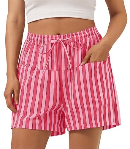 Aoysky Womens Striped Lounge Shorts High Waisted Drawstring Casual Summer Shorts Color Block Beach Bottoms with Pockets Red - Image 1