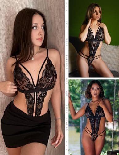 Avidlove Sexy lingerie for women Lace Babydoll Bodysuit V Neck Teddy Underwear (Black S) - Thumbnail 4