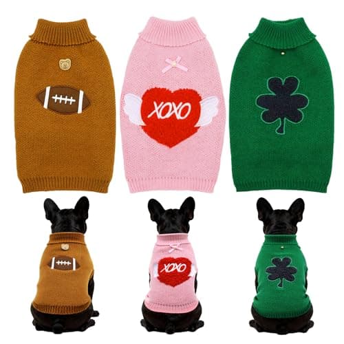 St. Patrick’s Day Dog Sweater 3 Pack for Small Dogs, Shamrock Design, Pink Green Brown Lightweight Knit Soft Puppy Shirts(L) - Image 1