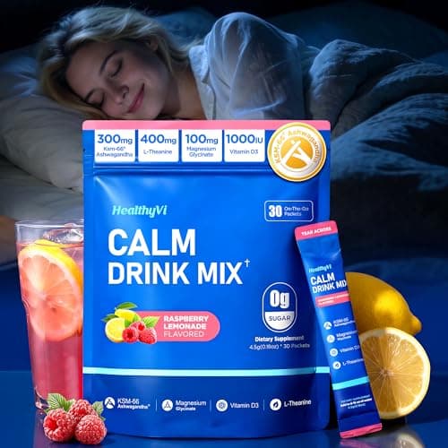 HealthyVi Calm Magnesium Glycinate Powder Drink Mix for Relax & Sleep Aid, Cortisol Reducer Supplements for Women Men with KSM-66 Ashwagandha, L-Theanine, Vitamin D3, Balance Mood & Stress, Non-GMO - Image 1