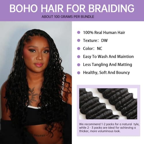 YWIGS Deep Wave Bulk Human Hair for Braiding Boho Knotless Braids Human Hair 100 Percent Human Braiding Hair 100G NC 20inch - Thumbnail 2