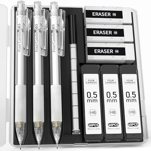 Four Candies Cute Mechanical Pencil Set with Case - 3PCS Pencils 0.5mm with 180PCS HB Lead Refills, 3PCS Erasers, 9PCS Eraser Refills, White Clear Mechanical Pencil for Students Drawing, Writing
