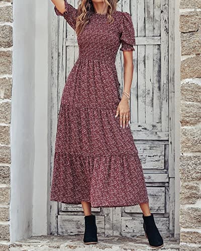 BTFBM Women Casual Summer Dresses 2026 Spring Crew Neck Ruffle Short Sleeve Smocked Floral Boho Flowy Maxi Dress Clothes(Floral Wine Red White, Large) - Thumbnail 6