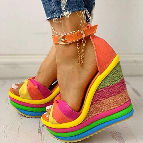 SaraIris Summer Shoes Rainbow Sandals for Women- Comfortable Colourful Wedge Sandals High Heel Gladiator Ankle Strap Platform Espadrilles Shoes - Thumbnail 4