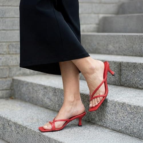 Athlefit Kitten Heels for Women Square Open Toe Strappy Flip Flop Heels Sexy Party Dress Shoes Thong Heeled Sandals Red Size 11 - Thumbnail 6