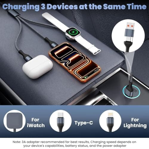 Multi Charger Cable for iWatch Charger, 3-in-2 USB A/C Cord 6FT for iPhone - Thumbnail 2