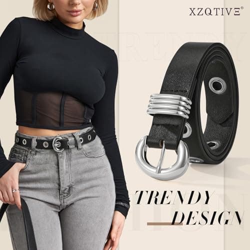 XZQTIVE Women Leather Belt for Jeans Pants Dress Fashion Casual Ladies Waist Belt with Gold Buckle, Black(eyelet-silver) - Thumbnail 4