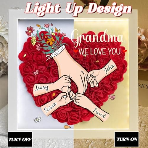 ROSLILY Custom Mom Flower Shadow Box Mom We Love You Flower Box Personalized Heart Shaped Name Frame for Mom Grandma Family Birthday (Hand by Hand, 8*8in/20*20cm) - Thumbnail 3