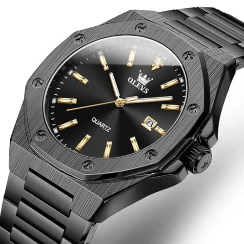OLEVS Watch Men Luxury All Black Stainless Steel Dress Waterproof Quartz Analog Minimalist Watches for Men Large Face Luminous Date Metal Wrist Octagonal Calendar Mens Watch Relojes para Hombres - Thumbnail 2