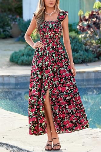 dowerme Womens Summer Maxi Dresses 2026 Casual Ruffle Sleeve Button Smocked Floral Slit Boho Dress Spring Beach Sundress(Black Red Flower,Small) - Thumbnail 2
