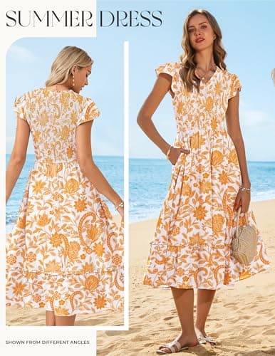 GRACE KARIN Casual Summer Dress for Women 2026 V-Neck Short Sleeve Smocked Midi Dress Yellow Floral XL - Thumbnail 2