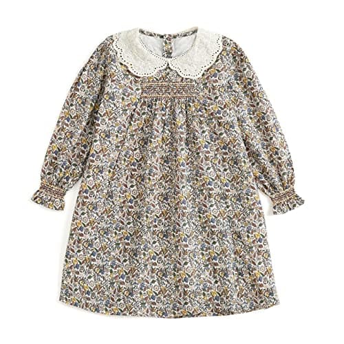 Curipeer Baby Girls Long Sleeve Fall Floral Dress Flower Printed Toddler Ruffle Dress for Autumn and Spring Brown 7T - Image 1