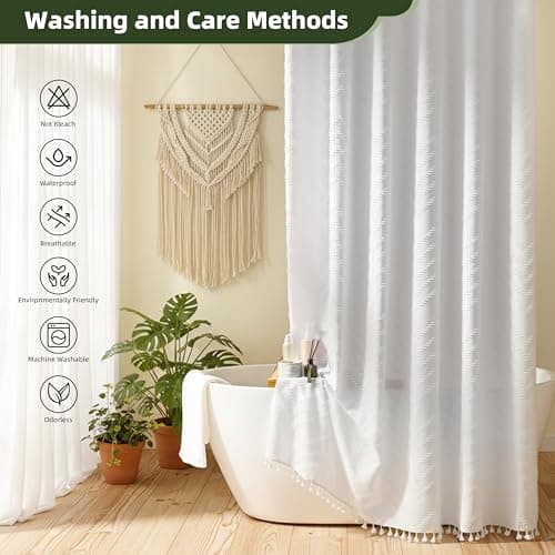 Siiluminisoy White Shower Curtain Fabric Boho Shower Curtain Cloth Textured Tufted Chevron Elegant Shower Curtains Waterproof for Bathroom 72" x 72" - Thumbnail 5