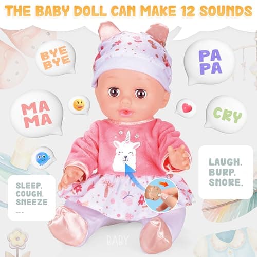 SMILESSKIDDO Baby Doll with Backpack Carrier, 14'' Realistic Dolls with Accessories, Includes Feeding Playset, Baby Care Set, Toddler Pretend Play Babydoll Toys for 1 2 3+ Year Old Kids Girls - Thumbnail 5