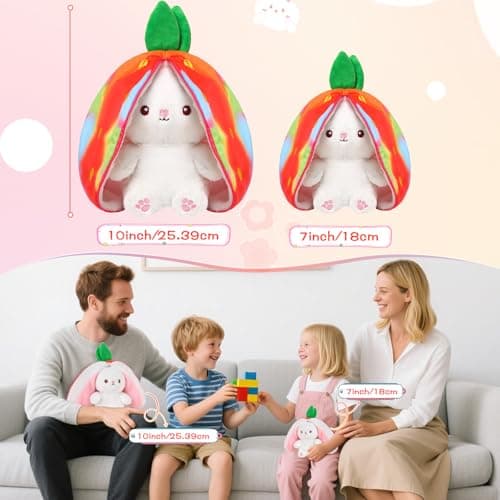 MIAODAM Rainbow Strawberry Bunny Stuffed Animal, Rainbow and Strawberry Bunny Plush Turn Into Rabbit Fruit Doll, Plushie Cute Bunny Toy for Baby (7 inch) - Thumbnail 3