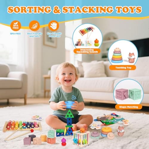 VuvuVoda Montessori Baby Toys for Toddlers 1-3, 7-in-1 Educational Activity Toy Set with Soft Cloth Book, Stacking Blocks & Learning Toys, Birthday Gifts for Boys Girls - Thumbnail 6