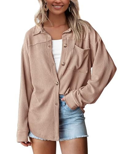 PRETTYGARDEN Women's Button Down Shirts 2026 Spring Long Sleeve Textured Tops Oversized Shacket Jacket Knit Blouses(Khaki,Small) - Image 1