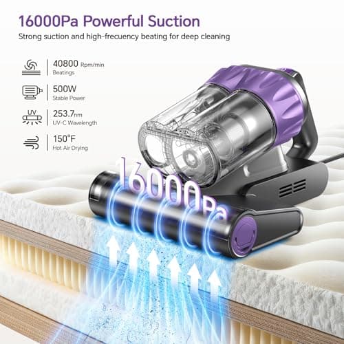 Mattress Vacuum Cleaner 18Kpa Bed Vacuum Cleaner with Smart Dust Sensor,UV-C Light,HEPA Filter,150°F Heat,500W Powerful Handheld,for Pet Hair,Sofa,Couch CribValentine's Day Gift Ideas for Women - Thumbnail 2