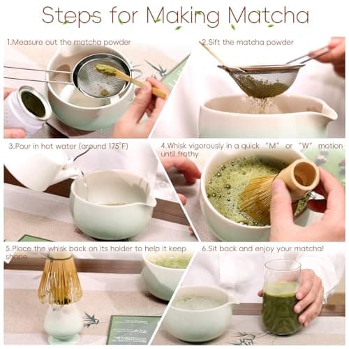 HUSHHAVN Matcha Whisk Set, Ceramic Matcha Set Includes Bowl & Holder, Bamboo Whisk (Chasen), Scoop, Spoon and Sifter, 6PCS Matcha Kit Covers Everything Needed for Making Matcha (Green) - Thumbnail 6