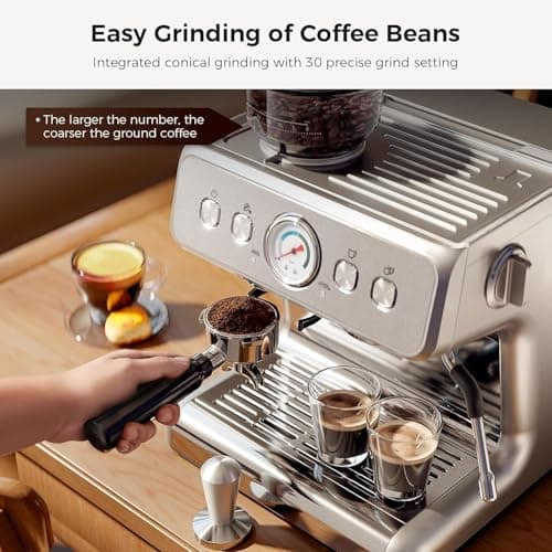 Kismile Espresso Machine with Grinder, 20 Bar Expresso Coffee Machines with Milk Frother Steam Wand, Espresso Maker with 30 Grind Settings, Expresso Machines for Home, Perfect for Cappuccino, Latte - Thumbnail 4