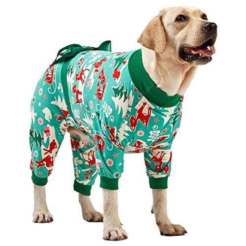 LovinPet Large Dog Christmas Pajamas for Dogs, Shirts for Big Dogs Xmas Holiday Costume Lightweight Pullover, Christmas Critters Aqua Prints Large Dog Pjs, Pitbull Dog Onesie, Pitbull Pajamas, XL - Image 1