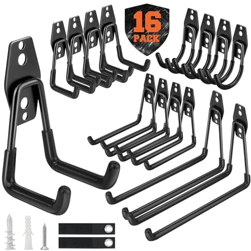 Nacial 16 Pack Garage Hooks Heavy Duty, Utility Steel Garage Storage Hook with 2 Storage Straps, Utility Garage Wall Mount Hooks for Hanging Bike, Ladder and Garden Tools, Perfect for Father Day Gifts - Image 1
