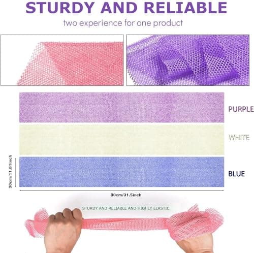 UJFQBH 3 Pieces African Bath Sponge African Net Long Net Bath Sponge Exfoliating Shower Body Scrubber Back Scrubber Skin Smoother,Great for Daily Use (Purple,Blue,Off-White) - Thumbnail 3