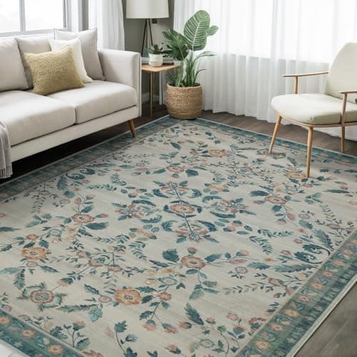 Dotiiorug Vintage Washable Area Rug for Living Room,Low Pile 5x7 Non Slip Carpet Non-Shedding Area Rug Soft Indoor Stain Resistant Rug Floral Print Mat for Bedroom Dining Room 089-Green - Image 1