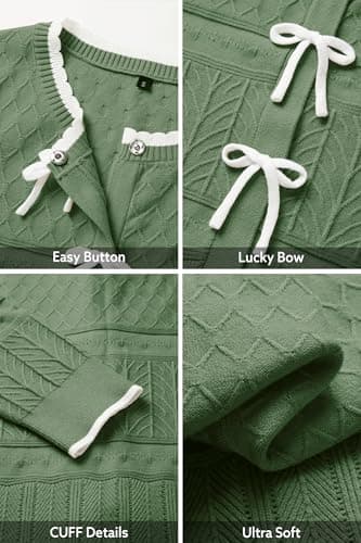 Arach&Cloz Bow Tie Front Button Down Cardigan Sweaters 2026 Spring Summer Womens Fashion Color Block Casual Long Sleeve Winter Ribbed Fall Knitted Outfits Textured Trendy Tops Dark Green XL - Thumbnail 6