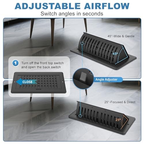 4x10 Floor Register with Vent Deflector, Adjustable Floor Vent Covers, Air Vent Deflector Includes Mounting Screws for Wall & Ceiling for Easy Install, 2 In 1 Vent Covers for Home Floor, Black, 2 Pack - Thumbnail 4
