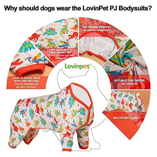LovinPet Large Dog Pajamas, Undershirt for Dog Coats, Anti Licking, Pitbull Clothes, Pet Anxiety Calming Onesies for Dogs, White Dinos Print, Pet Pajamas for Dogs, Pitbull Shirt, L - Thumbnail 4