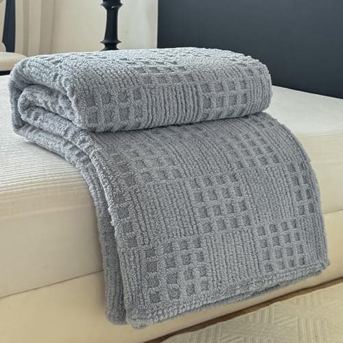 Throw Blanket for Couch or Bed，Waffle Weave Jacquard Decorative Blankets - Cozy Soft Lightweight Fuzzy Flannel Blanket(Grey,60x80in) - Image 1