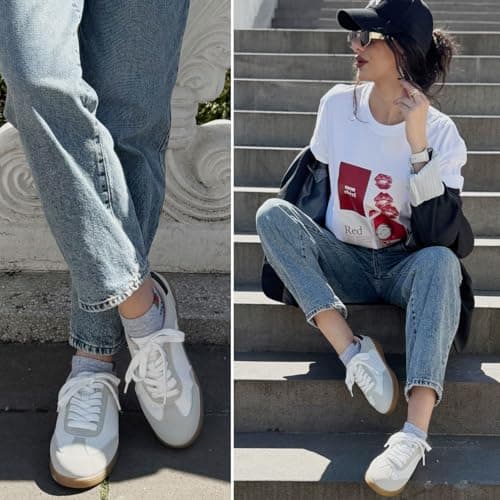 JENN ARDOR Womens Retro Fashion Sneakers Casual Walking Shoes Classic Non-Slip Comfort Dress Skate Shoes Size 8.5 White/Navy - Thumbnail 4