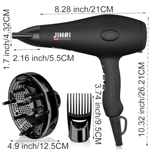 Blow Dryer - JINRI 1875W Diffuser Hair Dryer for Salon & Personal Use – Powerful, Fast Drying with Diffuser and Comb & Nozzle for Women & Men, ALCI Safety Plug, Black - Thumbnail 2