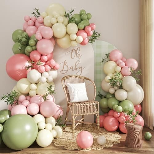 Sage Green Pink Yellow Pastel Balloon Arch Kit, 124Pcs Dusty Blush Macaron Yellow Sand White Pink and Green Balloons for Wildflower Baby Shower Wedding Bridal Birthday Gender Reveal Party Decorations