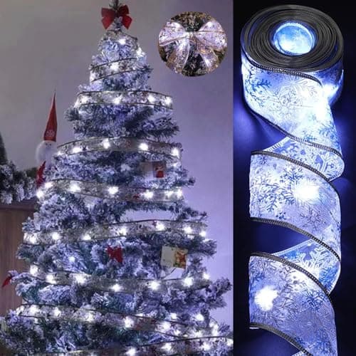 YUNGSUN Christmas Tree Decorations, 64ft 200 LED String Lights, Battery-Powered Copper Wire Silver Ribbon Lights for Holiday Party Weddings Indoor Outdoor Christmas Tree Decorations - Image 1