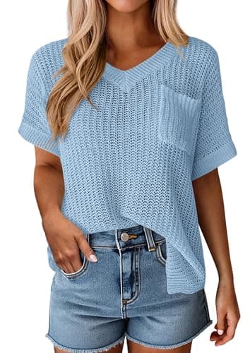 PRETTYGARDEN Women's 2026 Spring Short Sleeve Sweaters Lightweight V Neck Casual Going Out Summer Tops Beach Vacation Clothes (Blue,X-Large) - Image 1