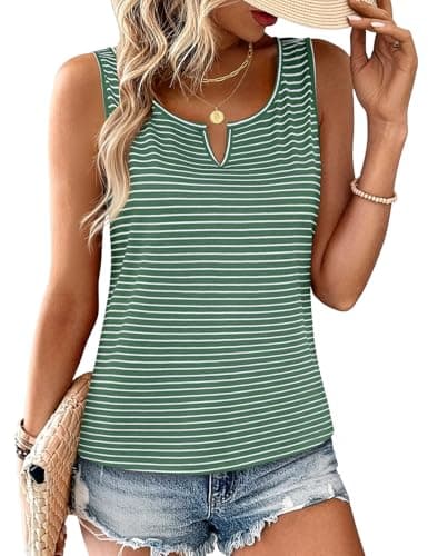 JUSTFASHIONNOW Striped Tank Top for Women Sleeveless Blouses Dressy Casual V Neck Business Shirts Summer Tops Trendy Outfits(Striped Green, Medium) - Image 1